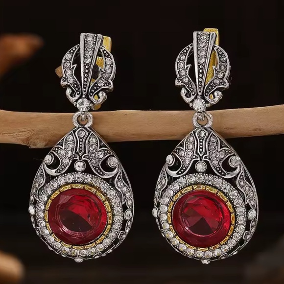 Anthropologie Jewelry - New Vintage Silver and Red Teardrop Earrings